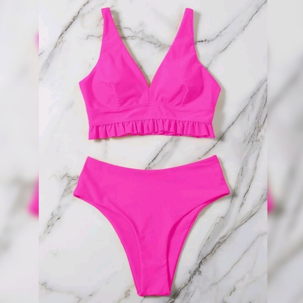 Barbie Style Shein High Waisted Bikini Hot Pink Ruffles